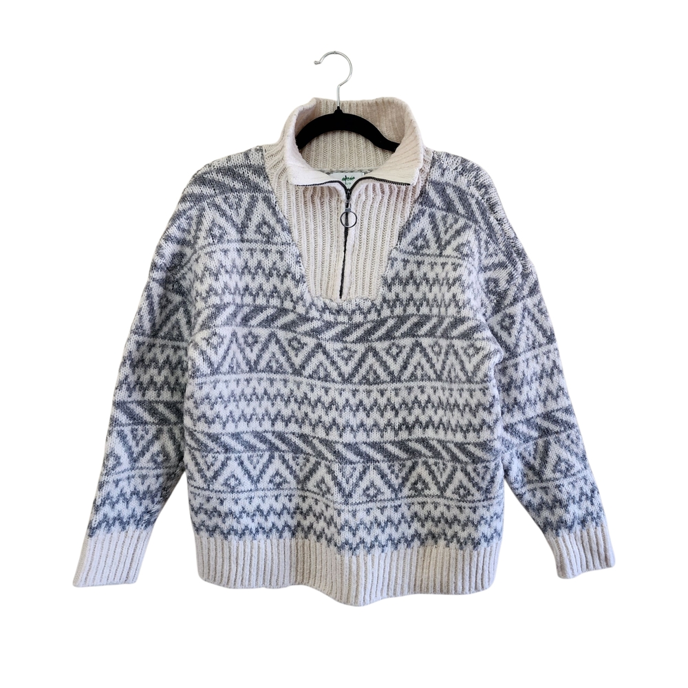 Aerie Gray Cream Fair Isle Quarter Zip Wool Sweater Size XS Mock Neck